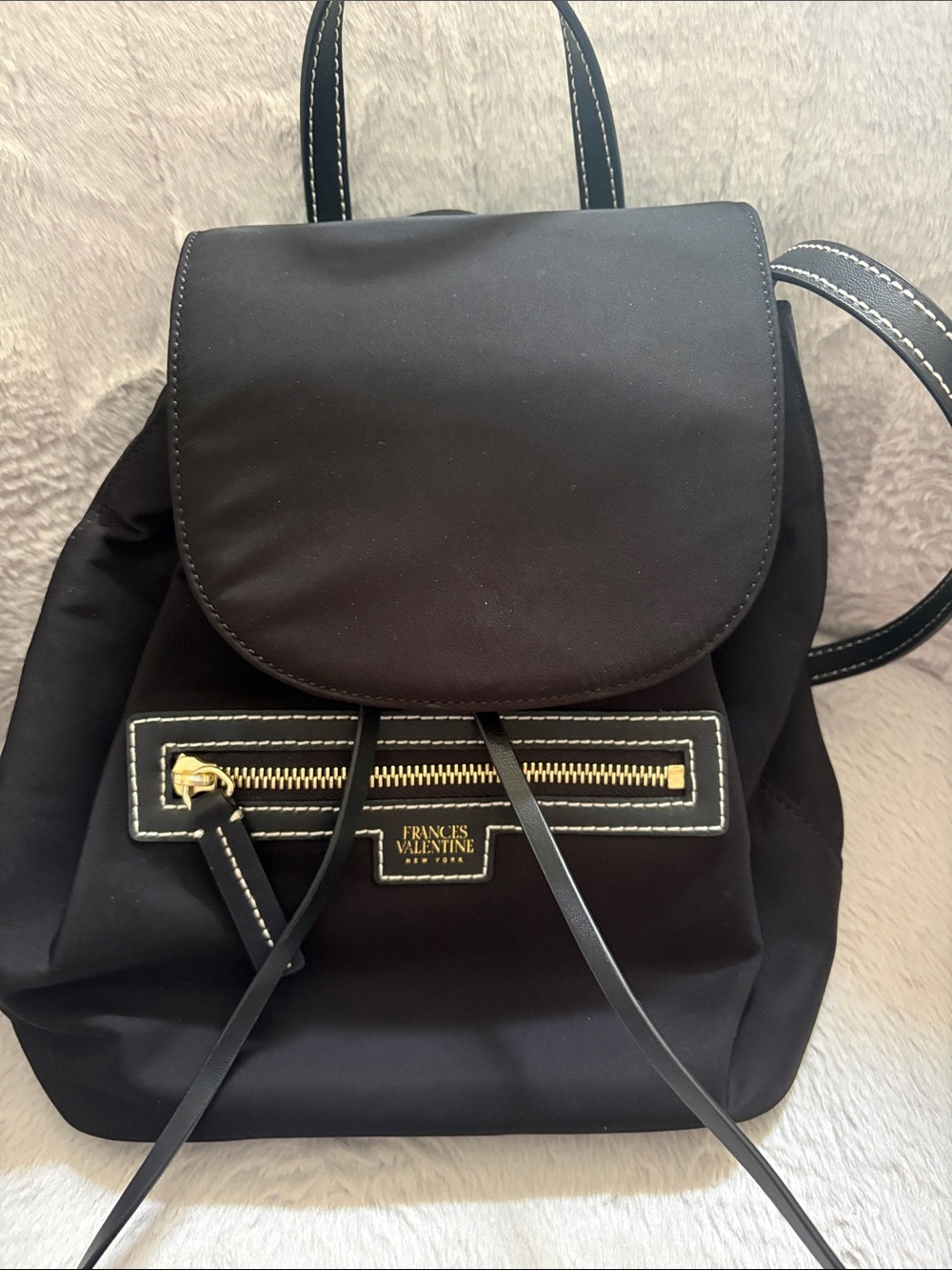 Frances Valentine Black Nylon Drawstring Backpack with Gold Accents